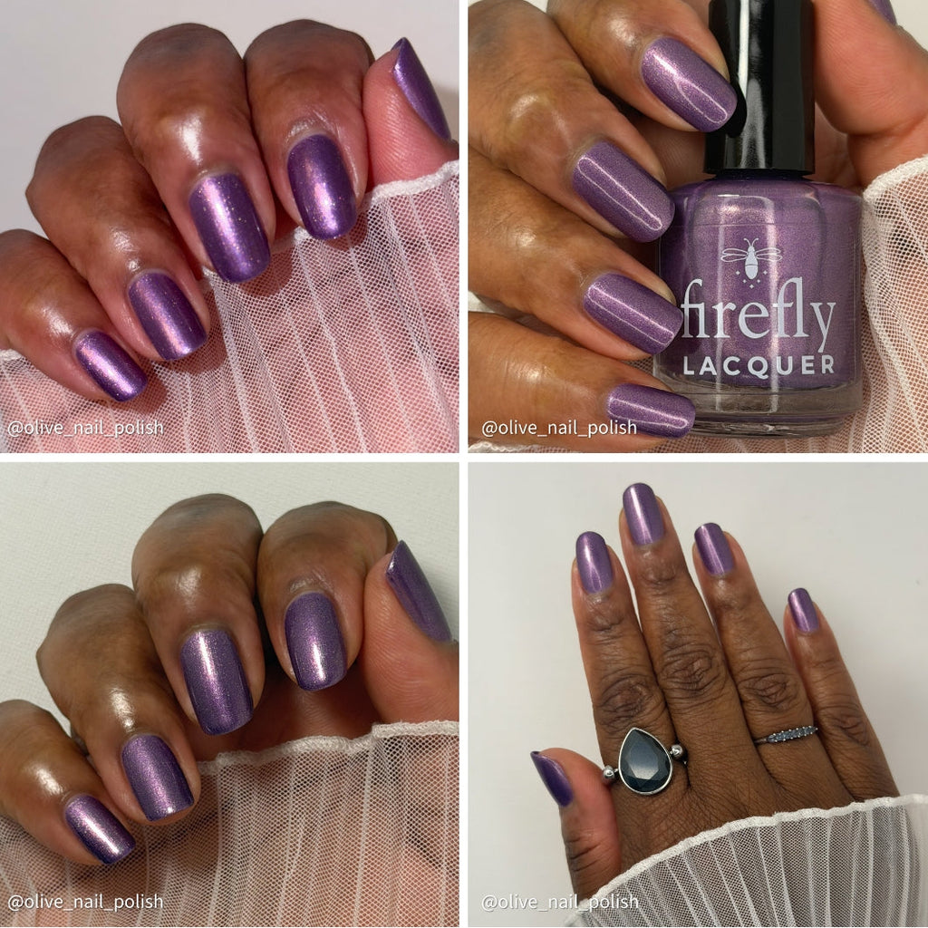 A four-panel collage showing a hand wearing a metallic lavender-purple nail polish, with the bottle labeled 'firefly LACQUER' visible in one panel. The product being demonstrated is nail polish, and the visible brand is Firefly Lacquer.