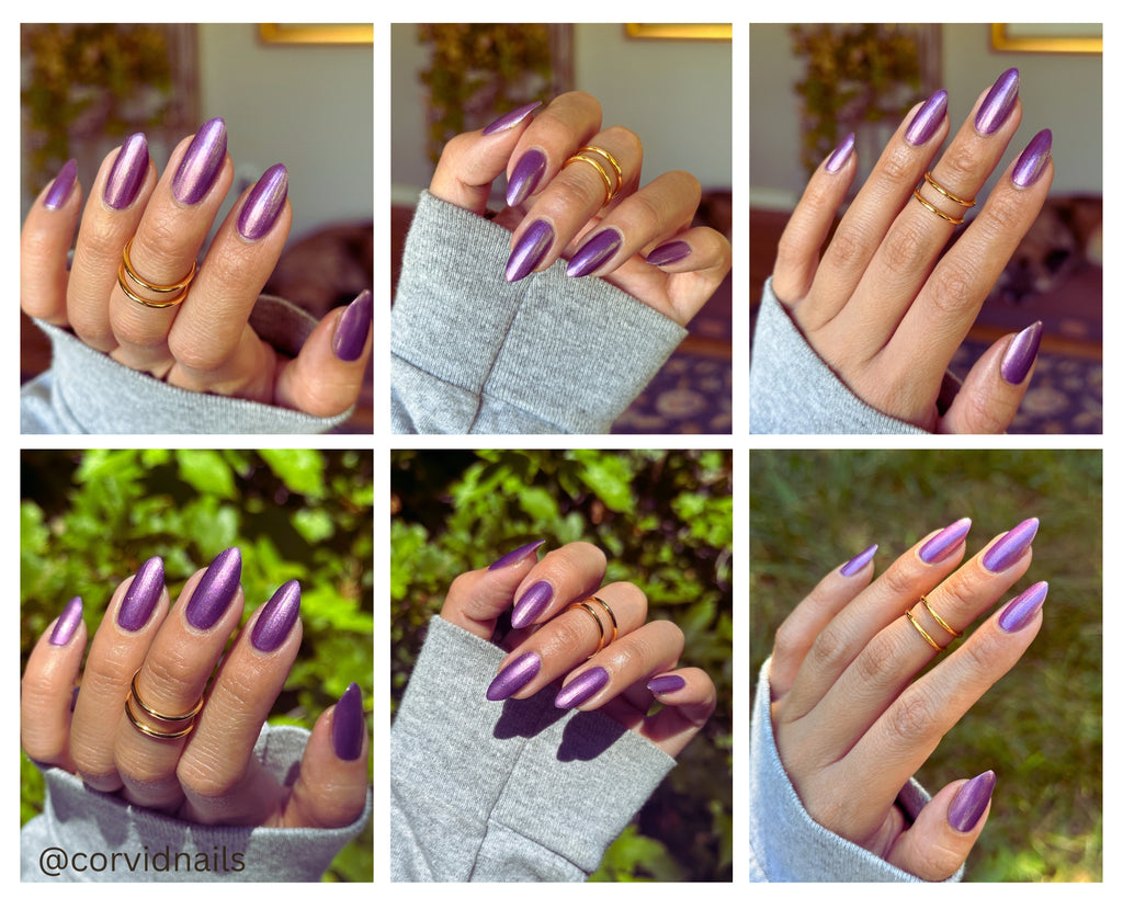 Six-panel collage showing a hand with long, glossy metallic purple nails in different outdoor and indoor settings, wearing gold rings. A watermark '@corvidnails' appears in the lower left panel.