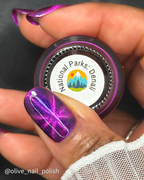 A close-up of a hand holding a small round jar of nail polish. The nail polish has a metallic purple and pink shimmer with a white magnetic cat-eye effect.