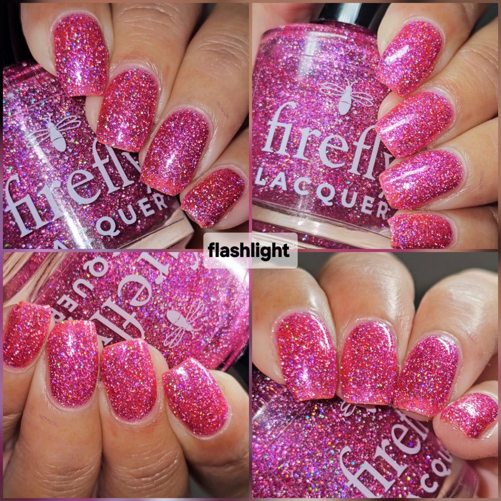 A four-panel collage showing a pink glitter nail polish bottle and close-up views of manicured nails painted with the polish. The bottle label reads 'firefly LACQUER', and a central text overlay says 'flashlight'.