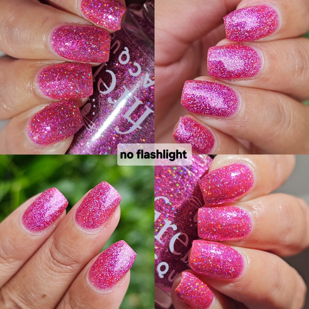 A four-panel collage showing a close-up of manicured fingernails painted with bright pink glitter nail polish, alongside the bottle of polish. A central text overlay reads 'no flashlight'.