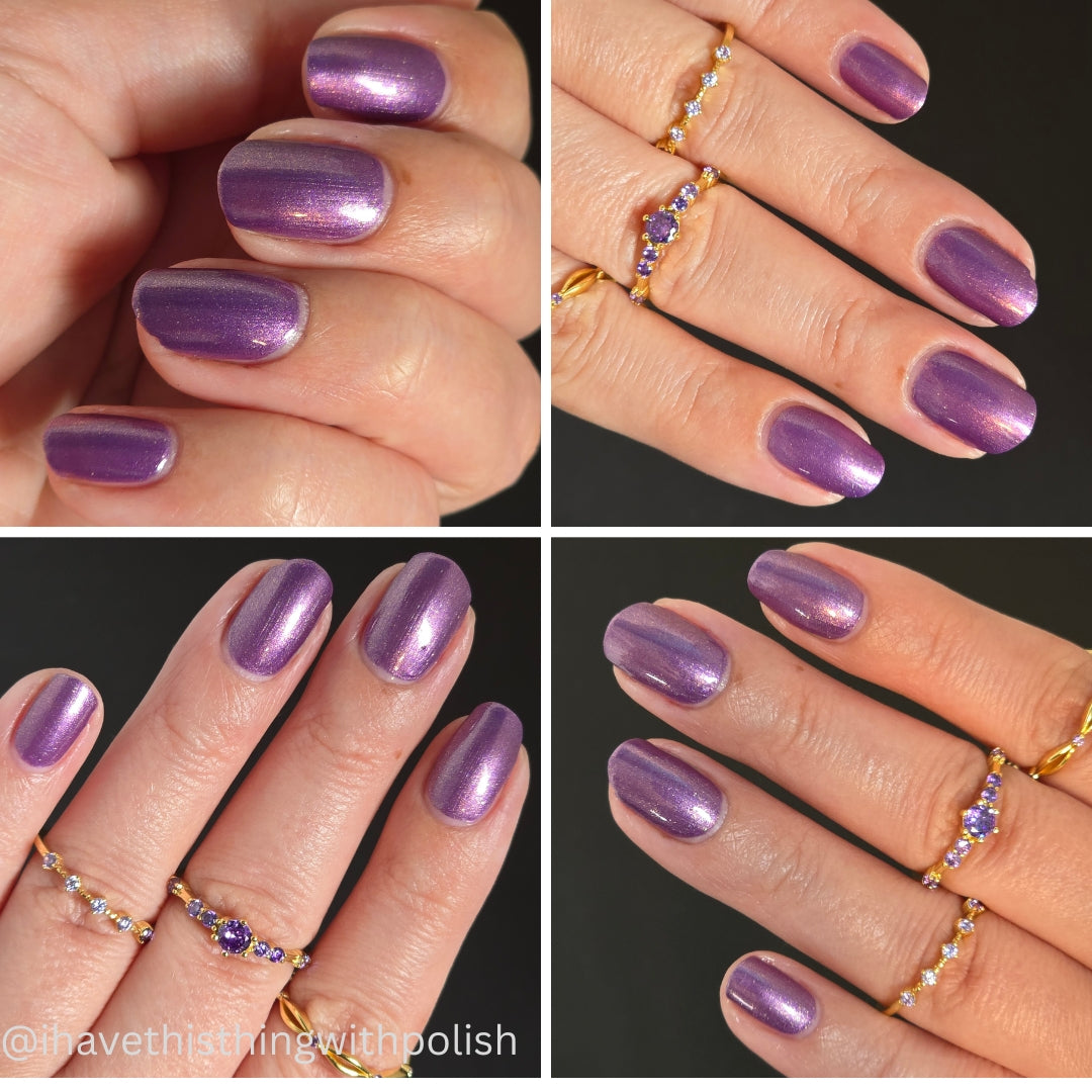 A four-panel collage showing close-up views of a hand with manicured nails painted in a metallic lavender-purple polish, with several gold rings featuring purple stones. The background is solid black.