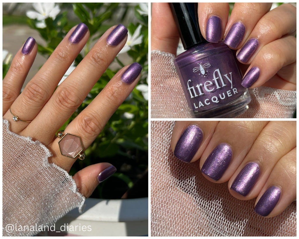 A three-panel collage showcasing a metallic purple nail lacquer. The left panel shows a hand with long, glossy metallic purple nails, wearing a lace sleeve and rings.