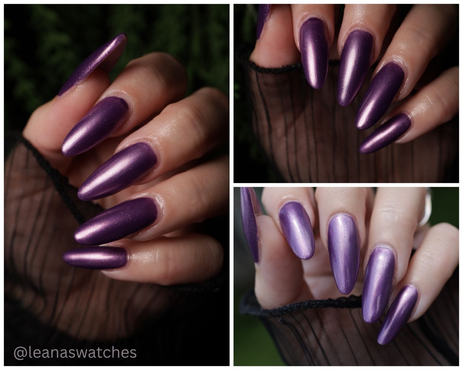 Three-panel close-up collage of a hand with long, almond-shaped nails painted in a metallic deep purple shade. The hand is posed against sheer black mesh fabric, with dark green blurred foliage in the background.