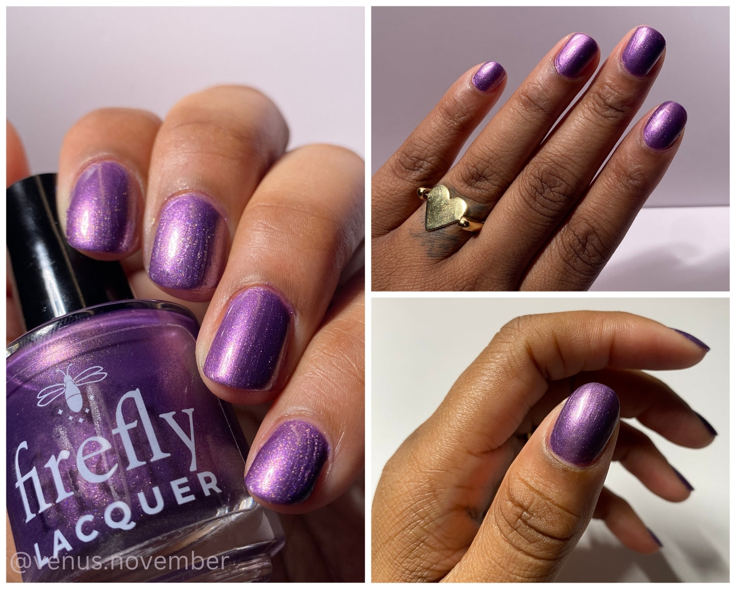 A three-panel collage showcasing a metallic purple nail polish. The left panel shows a hand holding a bottle of Firefly Lacquer nail polish with matching purple nails.