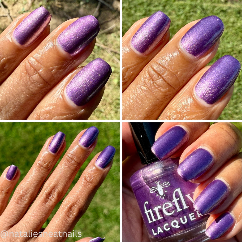 Four-panel collage showing a hand with purple metallic nail polish in different lighting and angles, plus a bottle labeled firefly Lacquer. The product being shown is nail lacquer.