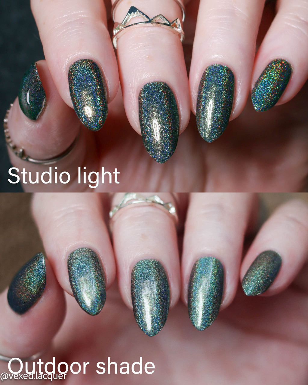 A close-up comparison of nail polish shown on fingernails, split into two panels labeled 'Studio light' and 'Outdoor shade.' The polish appears as a dark iridescent green with blue and gold holographic shimmer.