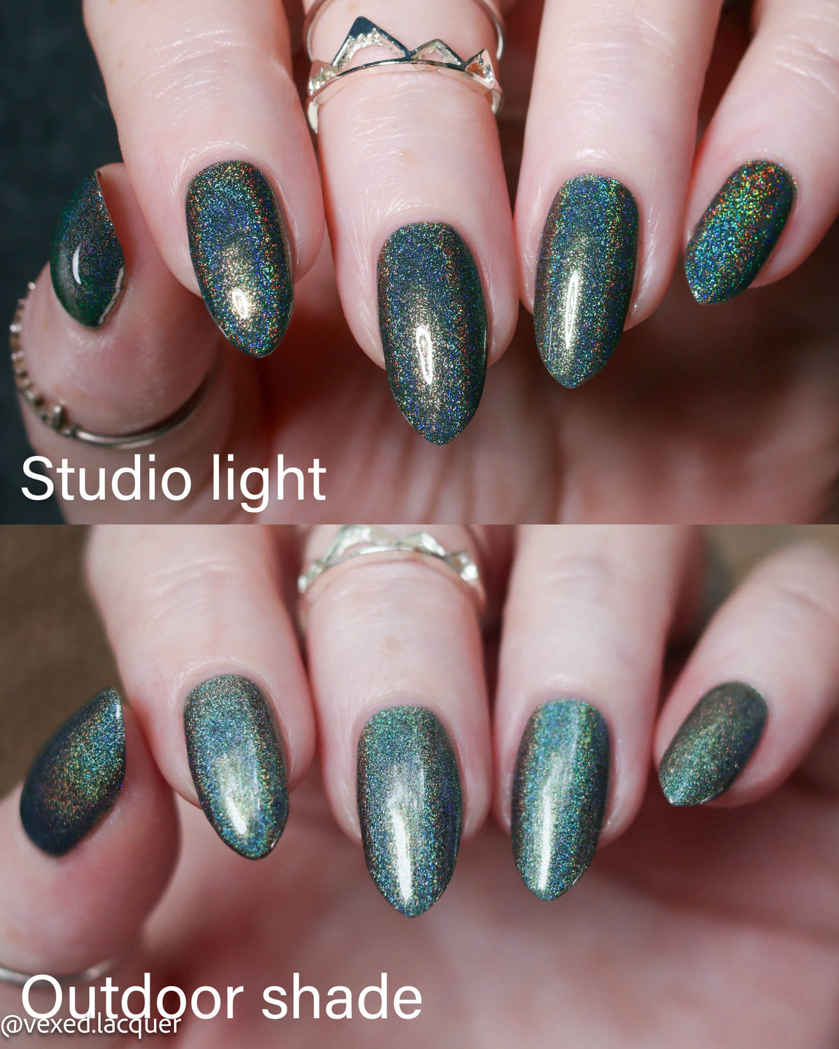 A close-up comparison of nail polish shown on fingernails, split into two panels labeled 'Studio light' and 'Outdoor shade.' The polish appears as a dark iridescent green with blue and gold holographic shimmer.