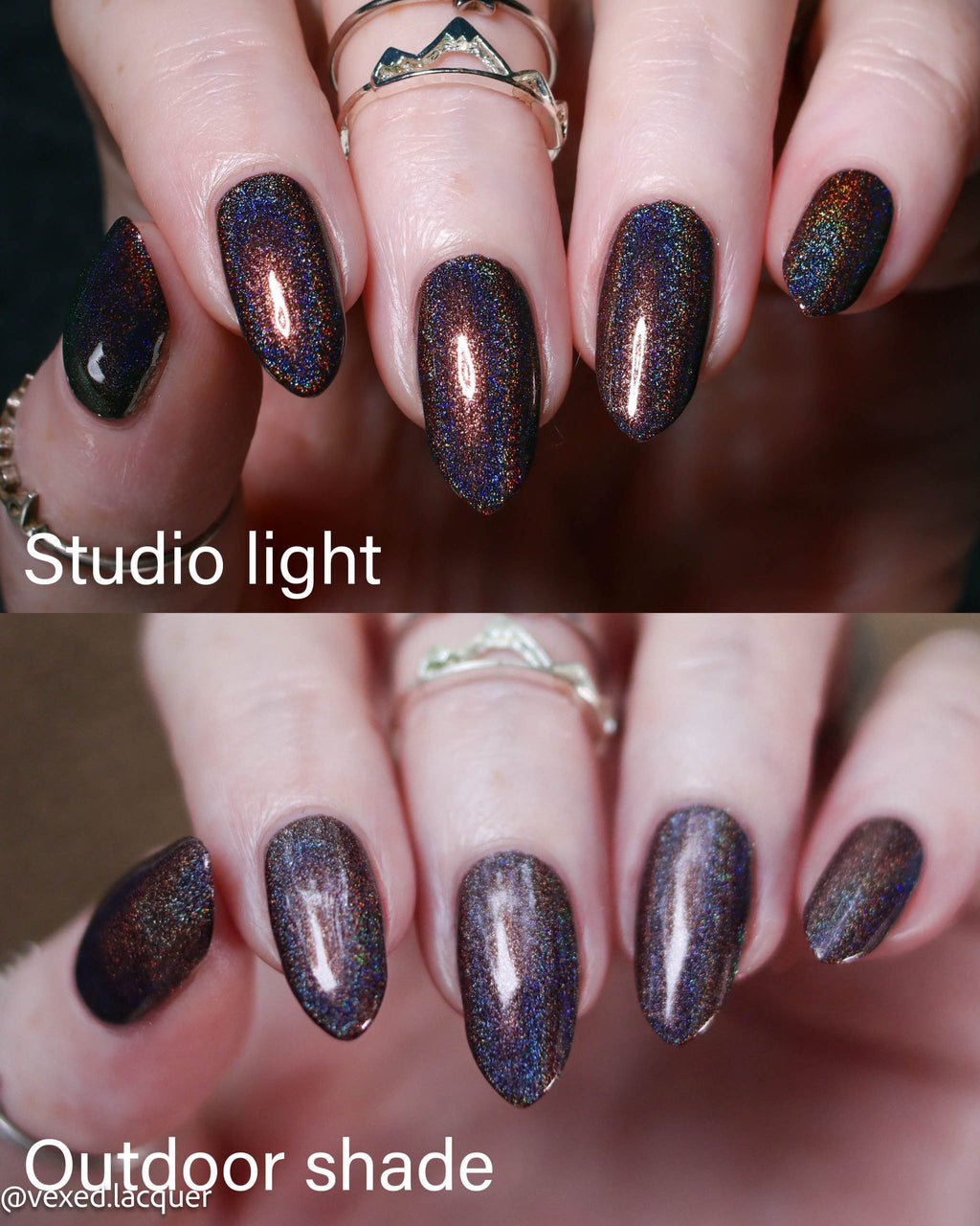 A close-up split comparison of fingernails wearing the same nail polish in two lighting conditions. The top half is labeled 'Studio light' and shows a dark iridescent polish with blue, purple, and copper shimmer.
