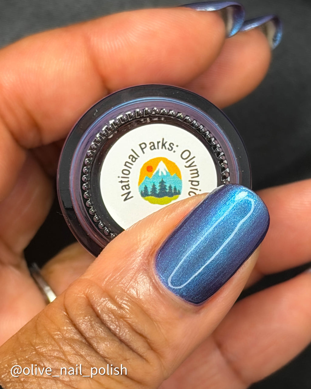 A close-up of a hand holding a small round bottle of nail polish. The visible product color is a metallic blue with a cool violet undertone, and the bottle label reads 'National Parks: Olympic.
