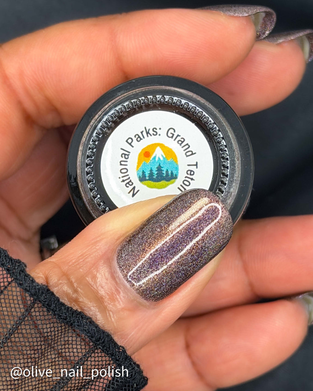 A close-up of a hand holding a small round jar of nail polish. The visible product color is a shimmery, glittery mauve-purple with silver reflective lines, labeled 'National Parks: Grand Teton'.