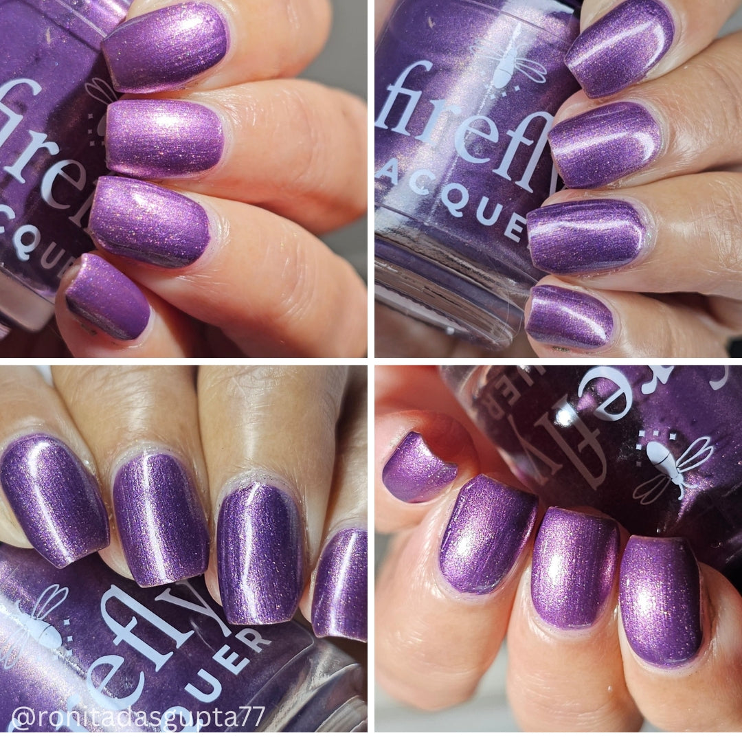 Four-panel collage showing a hand with glossy metallic purple nails painted with Firefly Lacquer, alongside the nail polish bottle in each panel.